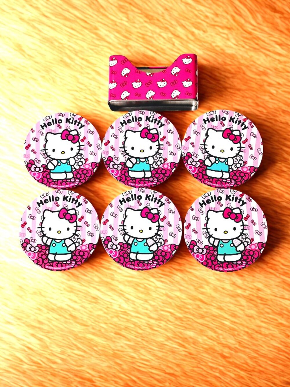 Hello Kitty Cute Pink & White Striped 7 Pc Tin/Cork Coaster Set